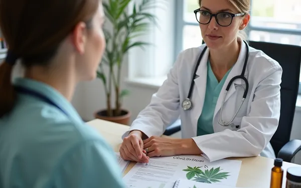 Ärztin in Schweizer Praxis bespricht mit Patient langfristige Folgen von Cannabiskonsum und Möglichkeiten einer medizinischen Cannabis-Therapie