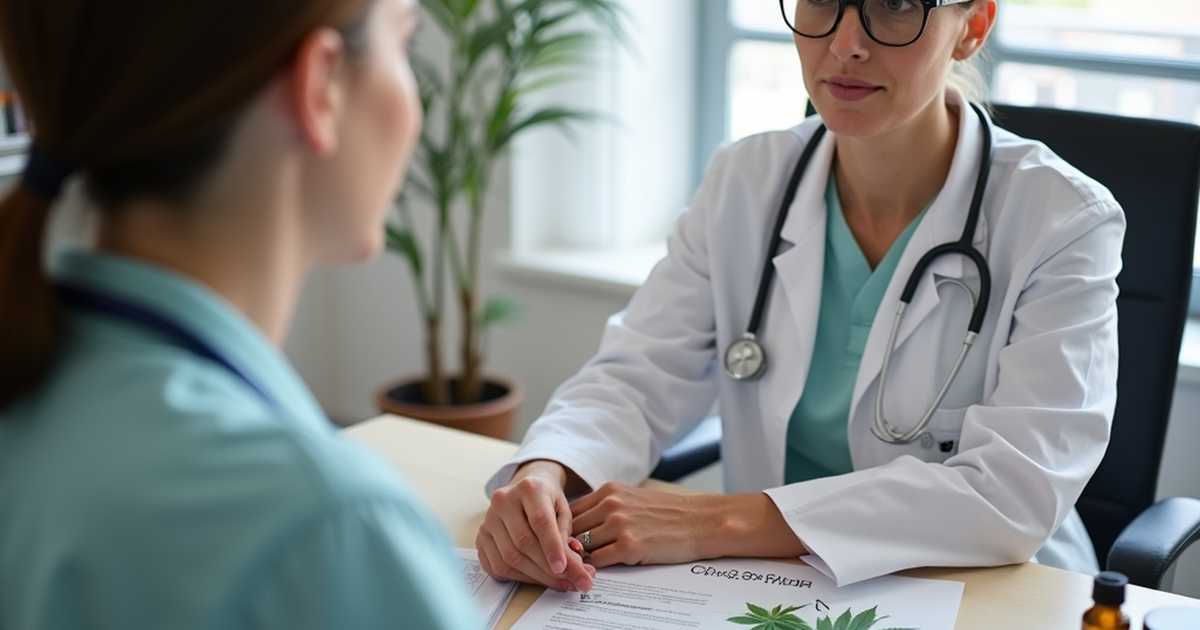 Ärztin in Schweizer Praxis bespricht mit Patient langfristige Folgen von Cannabiskonsum und Möglichkeiten einer medizinischen Cannabis-Therapie