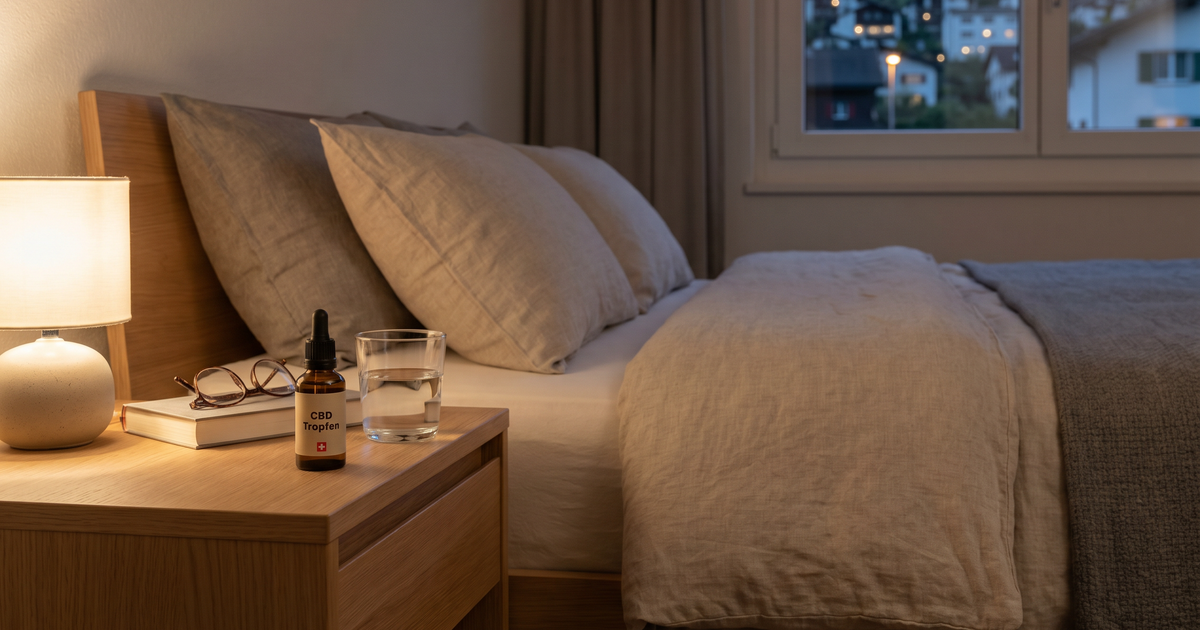 Nachttisch in einem Schweizer Schlafzimmer mit neutral beschrifteter CBD-Tropfen-Flasche und Glas Wasser als Teil einer abendlichen Schlafroutine