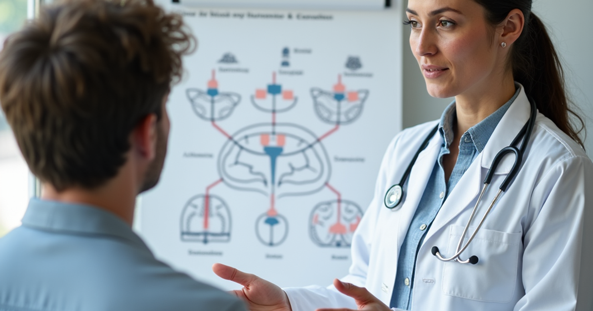 Ärztin in Schweizer Praxis erläutert einem Patienten mit einem Schaubild des Gehirns die Toleranzentwicklung bei medizinischem Cannabis