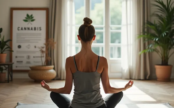 Erwachsene Person in Yogahaltung in einem ruhigen Schweizer Yogastudio, daneben ein Tablet mit Informationen zur medizinischen Cannabis-Therapie