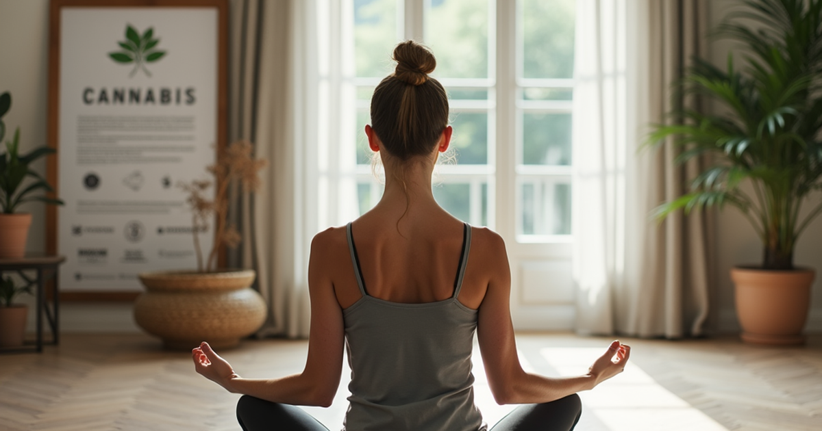 Erwachsene Person in Yogahaltung in einem ruhigen Schweizer Yogastudio, daneben ein Tablet mit Informationen zur medizinischen Cannabis-Therapie