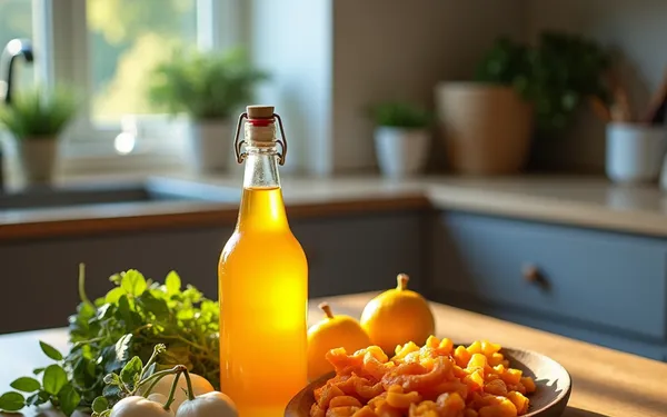 Holztisch in einer modernen Küche mit Schale voller Hanfsamen, Flasche Hanföl und geschnittenem Gemüse für gesunde Hanf Rezepte