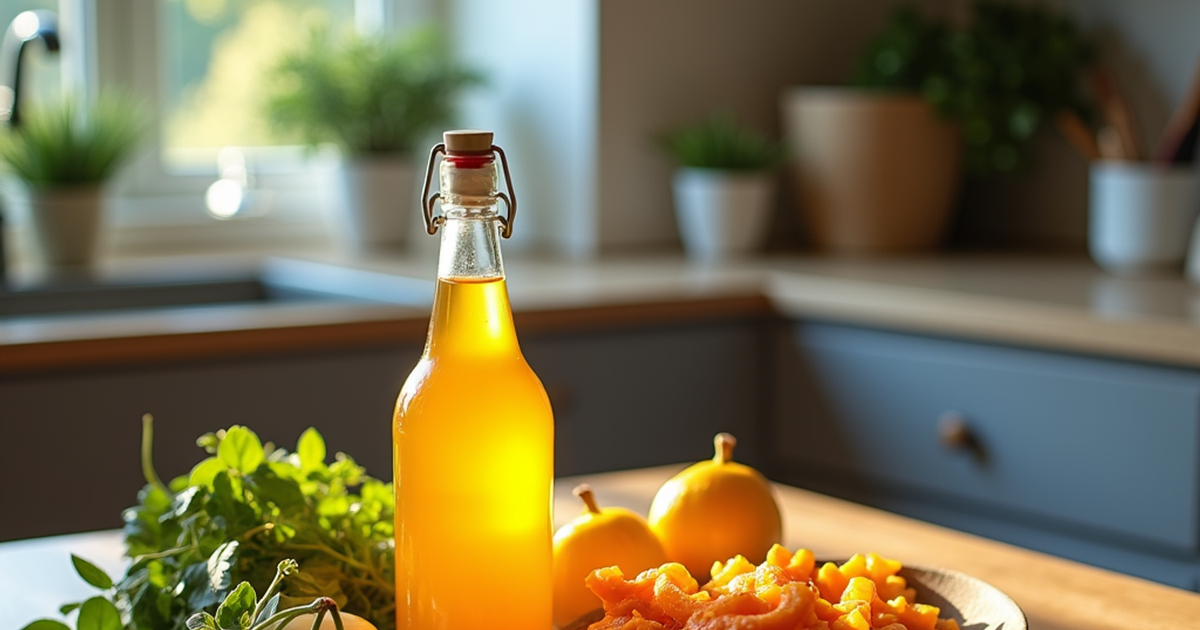 Holztisch in einer modernen Küche mit Schale voller Hanfsamen, Flasche Hanföl und geschnittenem Gemüse für gesunde Hanf Rezepte