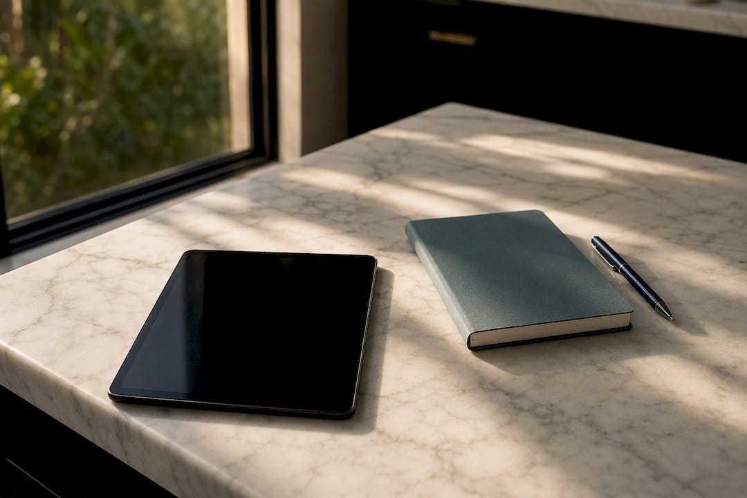 Tablet und Notizbuch auf einem Beistelltisch