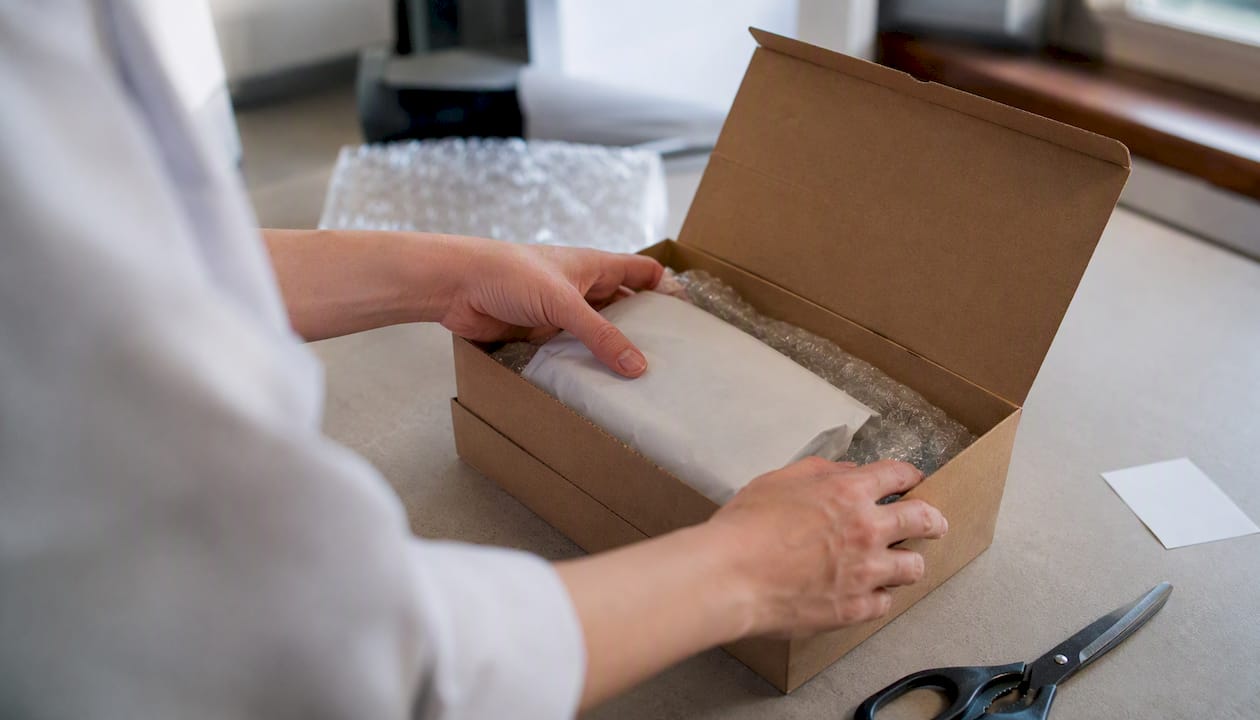 Ein Mitarbeiter verpackt eine Lieferung mit medizinischem Cannabis sorgfältig in einem Karton.