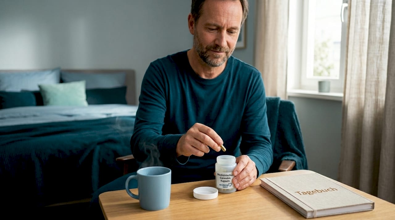 Im Wohnzimmer nimmt der Patient eine Cannabis-Kapsel ein.