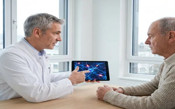 Ärztin in einer Schweizer Praxis bespricht mit einem Patienten die Option einer medizinischen Cannabis-Therapie bei neuropathischen Schmerzen, mit Nerven- und Cannabisgrafik im Hintergrund