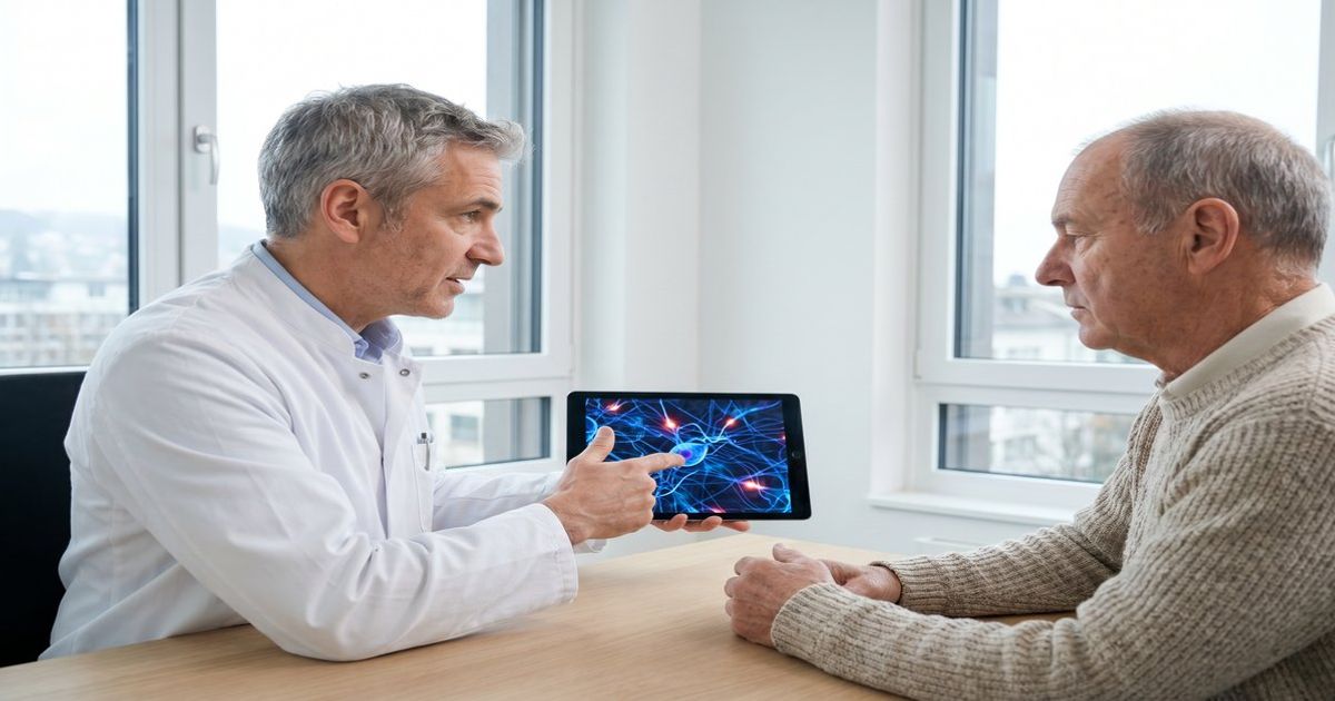 Ärztin in einer Schweizer Praxis bespricht mit einem Patienten die Option einer medizinischen Cannabis-Therapie bei neuropathischen Schmerzen, mit Nerven- und Cannabisgrafik im Hintergrund