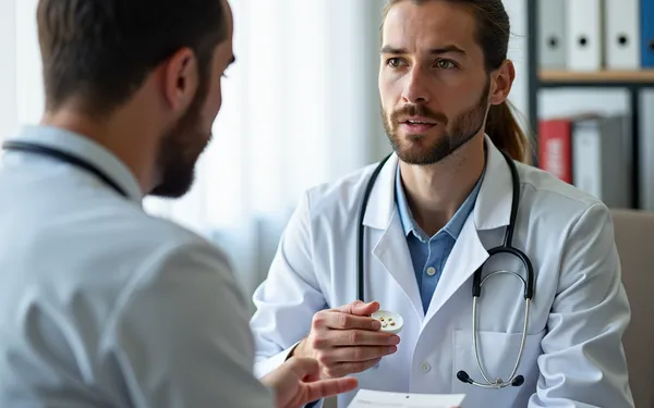 Ärztin in einer Schweizer Praxis bespricht mit einem Patienten die Anpassung einer medizinischen Cannabis-Therapie und mögliche Therapiepause anhand digitaler Verlaufsdaten