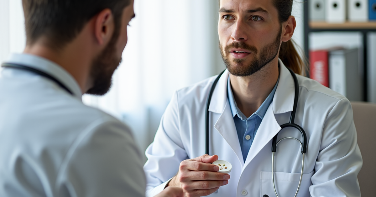 Ärztin in einer Schweizer Praxis bespricht mit einem Patienten die Anpassung einer medizinischen Cannabis-Therapie und mögliche Therapiepause anhand digitaler Verlaufsdaten