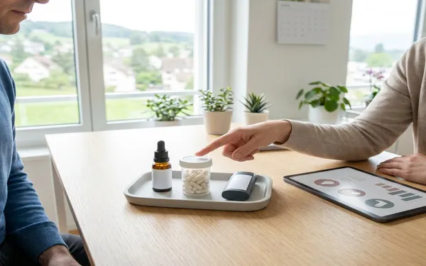 Ärztin in der Schweiz erklärt einer Patientin verschiedene medizinische Cannabis-Anwendungsformen wie Öl, Kapseln, Vaporizer und Creme auf einem Tisch