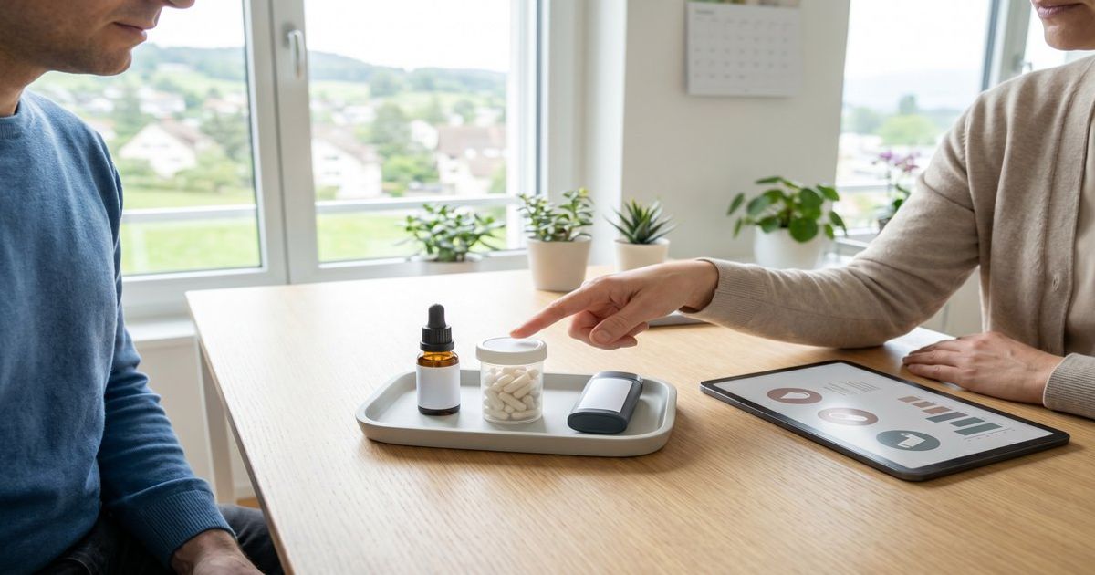 Ärztin in der Schweiz erklärt einer Patientin verschiedene medizinische Cannabis-Anwendungsformen wie Öl, Kapseln, Vaporizer und Creme auf einem Tisch
