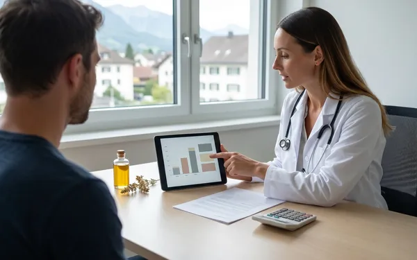 Schweizer Ärztin bespricht mit einem Patienten in einer modernen Praxis die Kosten und Therapieoptionen von medizinischem Cannabis anhand digitaler Unterlagen