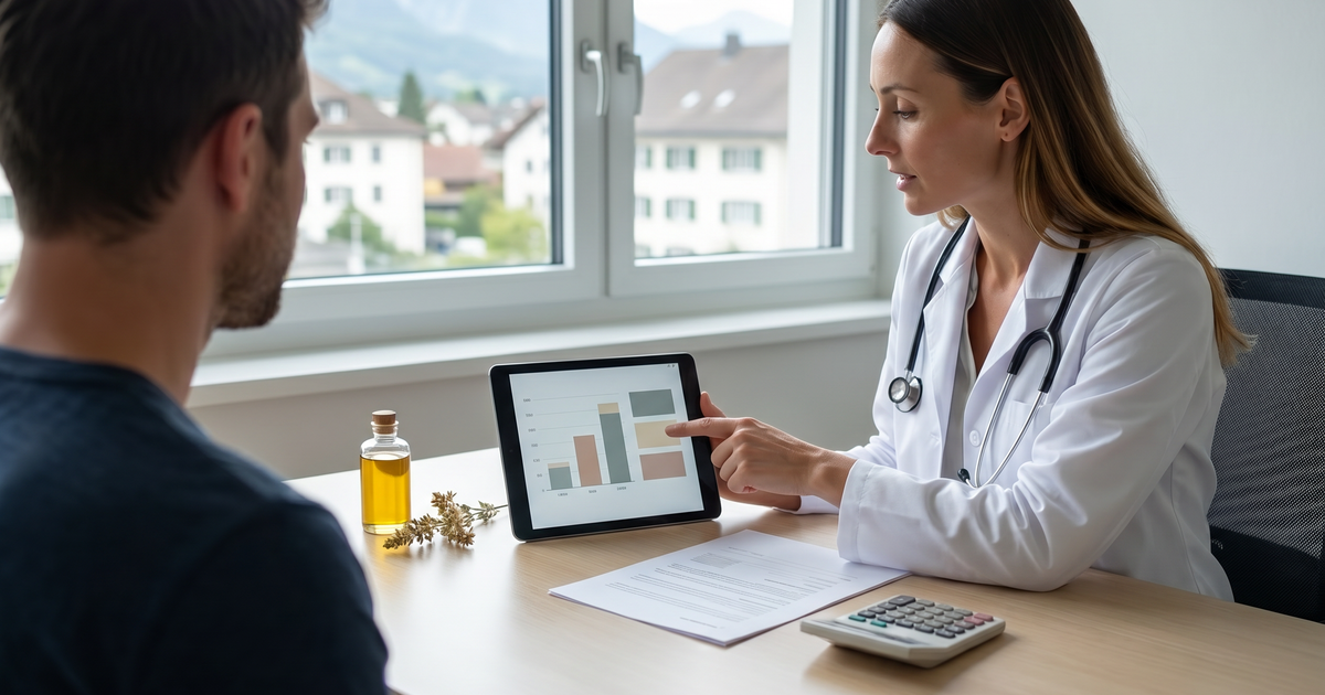 Schweizer Ärztin bespricht mit einem Patienten in einer modernen Praxis die Kosten und Therapieoptionen von medizinischem Cannabis anhand digitaler Unterlagen