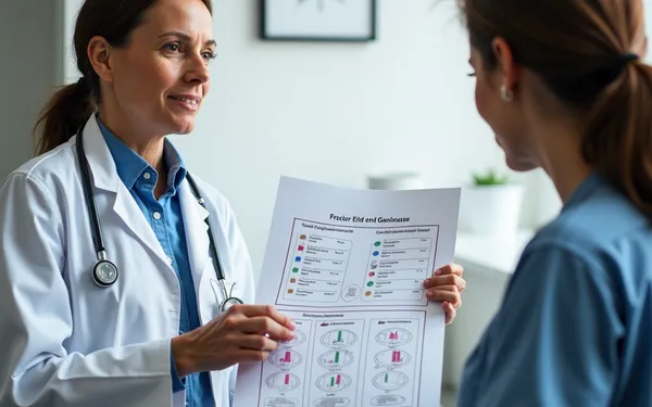 Ärztin erklärt erwachsenem Patienten in einer Schweizer Praxis die zeitabhängige Wirkung von medizinischem Cannabis auf einem Diagramm