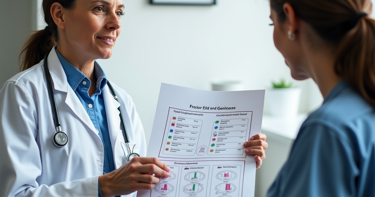 Ärztin erklärt erwachsenem Patienten in einer Schweizer Praxis die zeitabhängige Wirkung von medizinischem Cannabis auf einem Diagramm