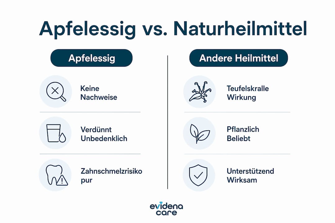 Infografik: Apfelessig im Vergleich zu natürlichen Heilmethoden bei Arthrose – Wirkung, Anwendung und Vorteile auf einen Blick