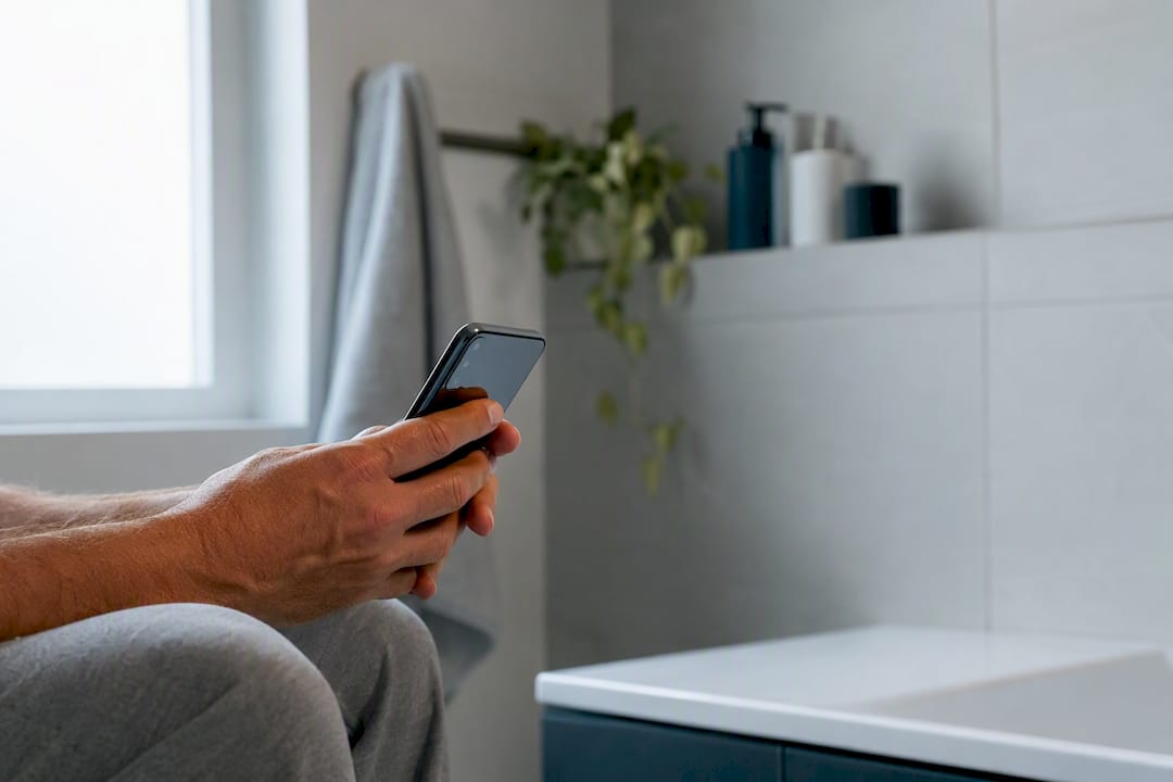 Hände halten ein Smartphone in einer ruhigen häuslichen Umgebung