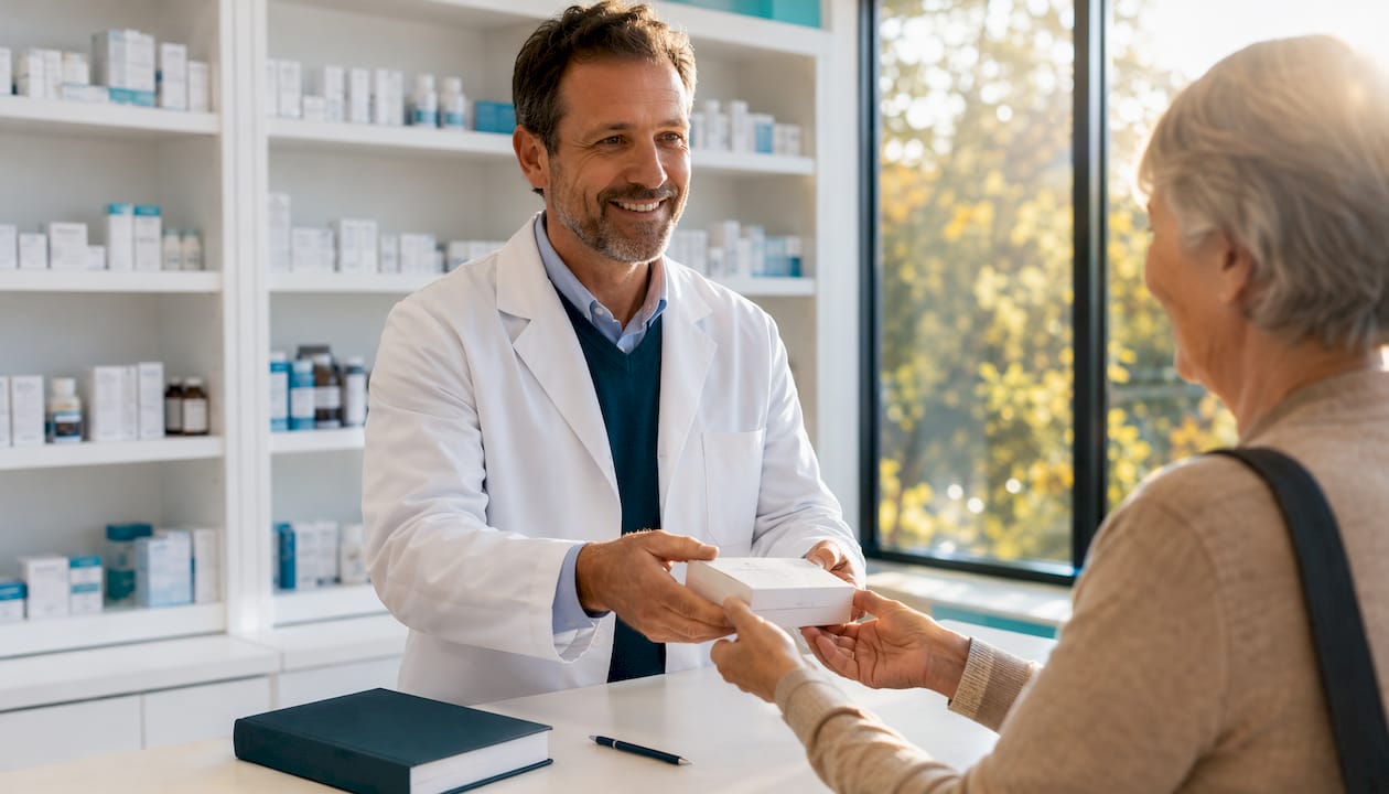 Eine Apothekerin informiert eine Kundin ausführlich über die Anwendung von THC-haltigen Arzneimitteln.