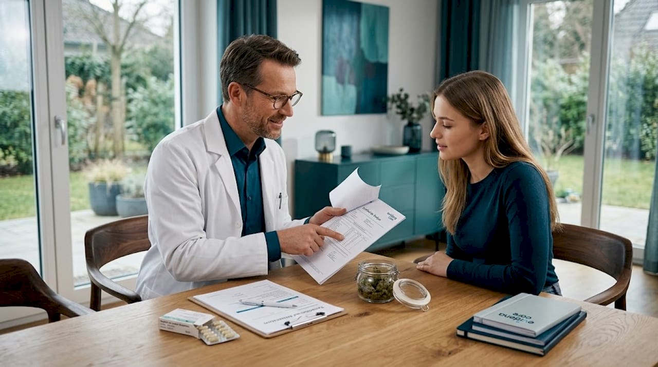 Eine Patientin lässt sich in der Apotheke zum Thema Cannabis-Medikamente beraten.