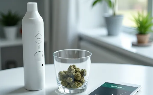 Medizinischer Vaporizer mit Cannabisblüten und Temperaturanzeige in einer Schweizer Arztpraxis