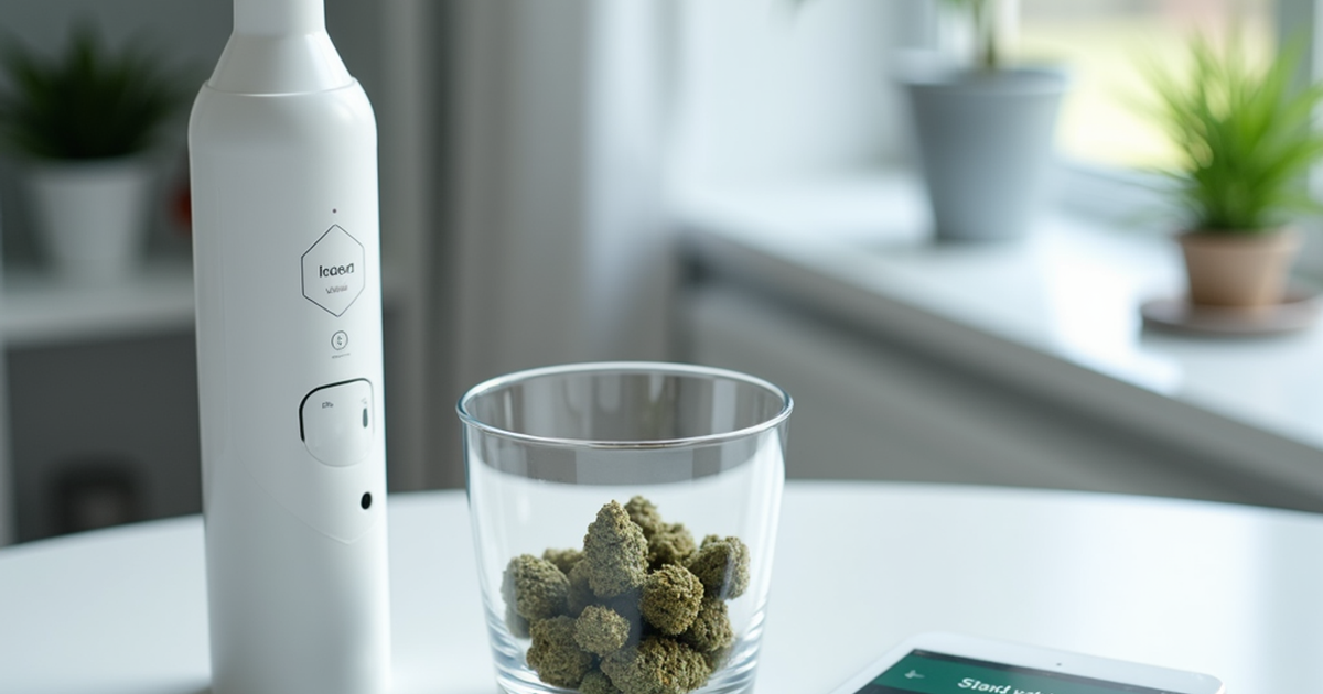 Medizinischer Vaporizer mit Cannabisblüten und Temperaturanzeige in einer Schweizer Arztpraxis