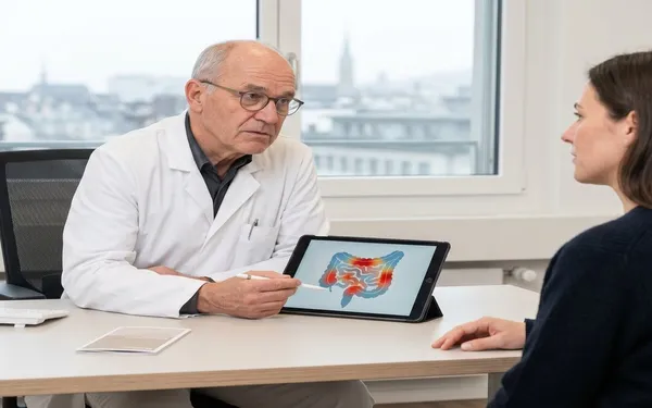 Ärztin in einer Schweizer Praxis erklärt einer Patientin mit Morbus Crohn sachlich die Möglichkeit einer medizinischen Cannabistherapie