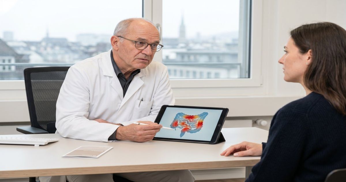 Ärztin in einer Schweizer Praxis erklärt einer Patientin mit Morbus Crohn sachlich die Möglichkeit einer medizinischen Cannabistherapie