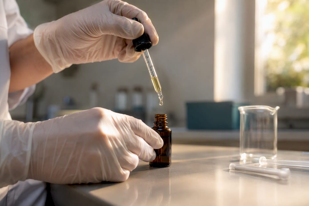 Hände bei der Herstellung von Cannabisöl zur Linderung neuropathischer Schmerzen