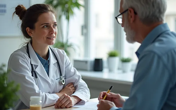 Ärztin in einer Schweizer Praxis, die mit einem Patienten die Risiken und Vorteile der Kombination von Cannabis und Benzodiazepinen bespricht