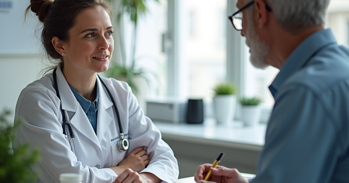 Ärztin in einer Schweizer Praxis, die mit einem Patienten die Risiken und Vorteile der Kombination von Cannabis und Benzodiazepinen bespricht