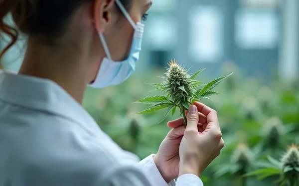Medizinische Fachperson in einer Schweizer Praxis beurteilt die Qualität standardisierter Cannabisblüten in einer beschrifteten Arzneimittelverpackung