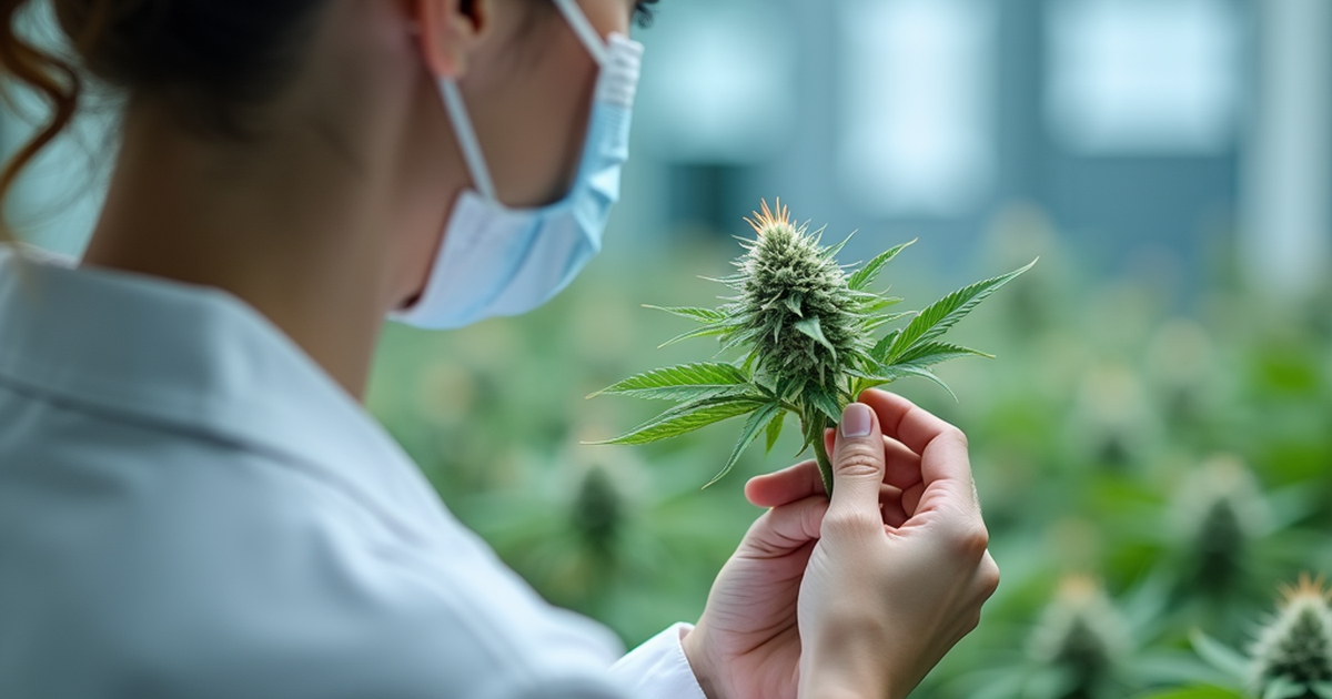 Medizinische Fachperson in einer Schweizer Praxis beurteilt die Qualität standardisierter Cannabisblüten in einer beschrifteten Arzneimittelverpackung