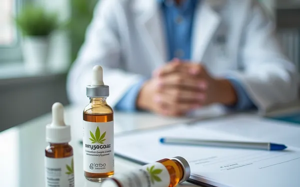 Ärztin in der Schweiz bespricht in einer modernen Praxis die Anwendung eines medizinischen Cannabispräparats mit 1:1 THC:CBD-Verhältnis mit einem Patienten