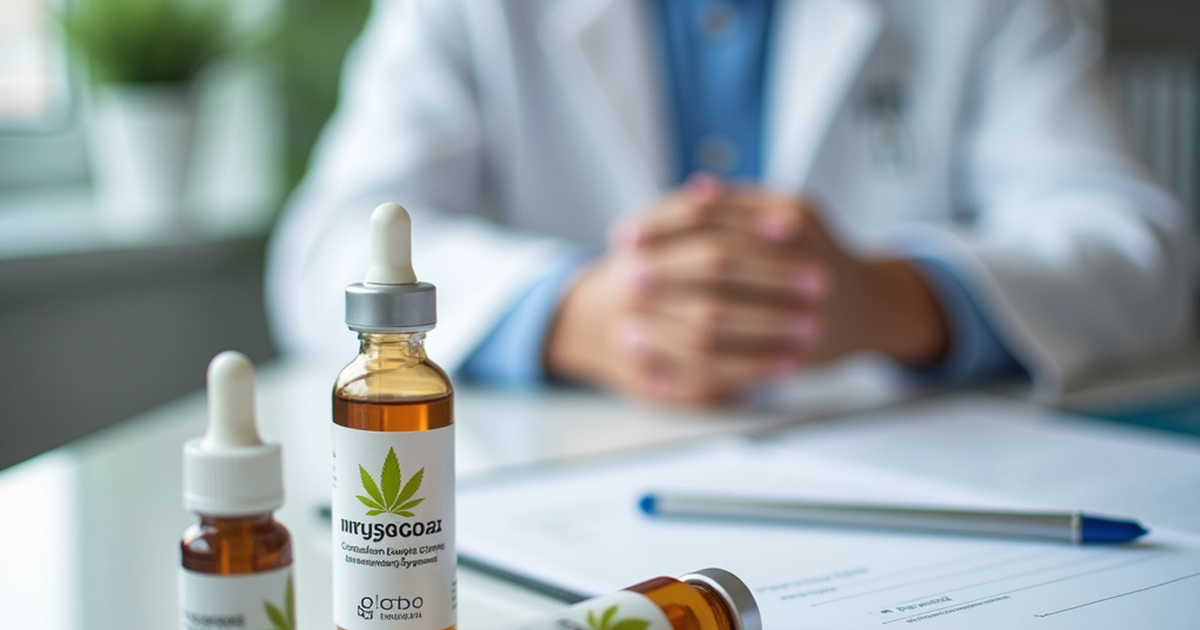 Ärztin in der Schweiz bespricht in einer modernen Praxis die Anwendung eines medizinischen Cannabispräparats mit 1:1 THC:CBD-Verhältnis mit einem Patienten