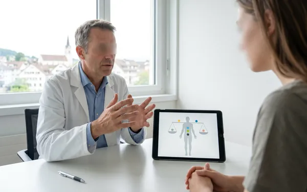 Ärztin in einer Schweizer Praxis erklärt einer Patientin mithilfe eines Tablets das Endocannabinoid-System und mögliche Zusammenhänge eines Endocannabinoidmangels