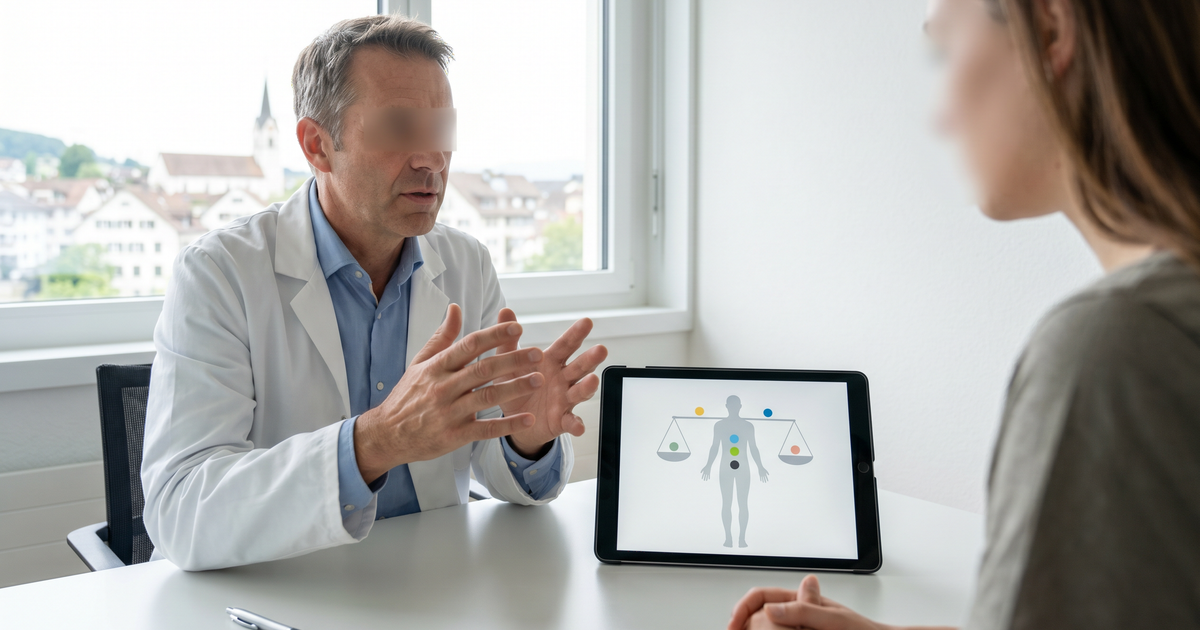 Ärztin in einer Schweizer Praxis erklärt einer Patientin mithilfe eines Tablets das Endocannabinoid-System und mögliche Zusammenhänge eines Endocannabinoidmangels
