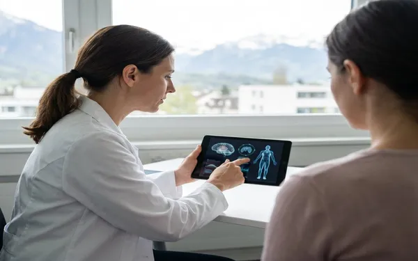 Ärztin in einer Schweizer Praxis bespricht die THC-Therapie anhand von Unterlagen mit einer Patientin