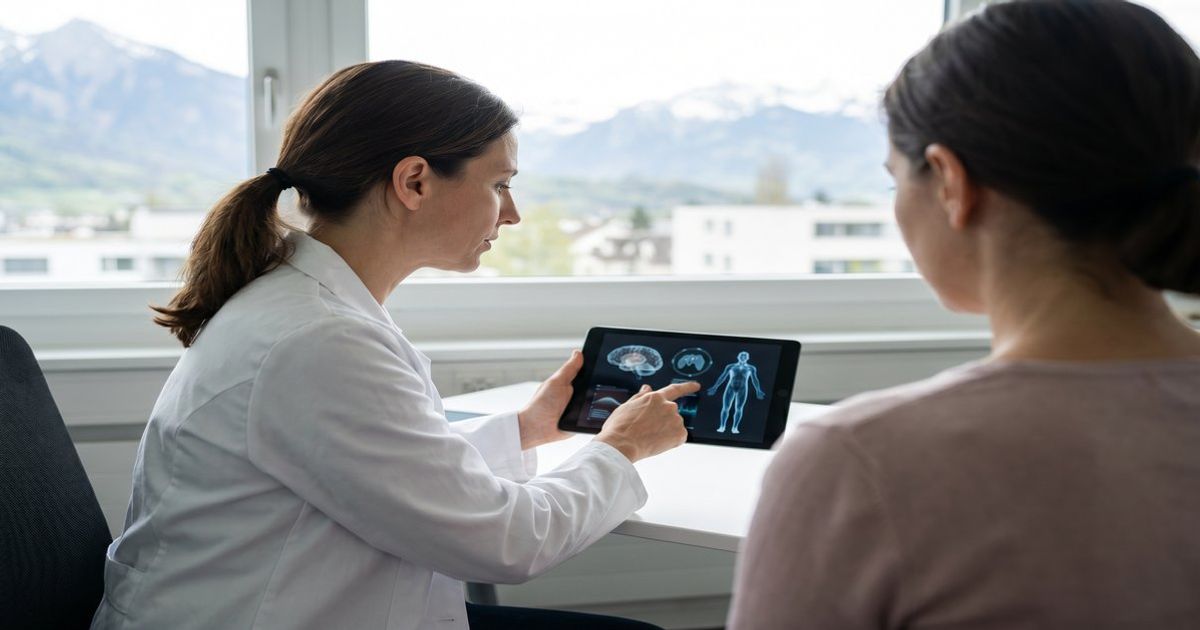 Ärztin in einer Schweizer Praxis bespricht die THC-Therapie anhand von Unterlagen mit einer Patientin