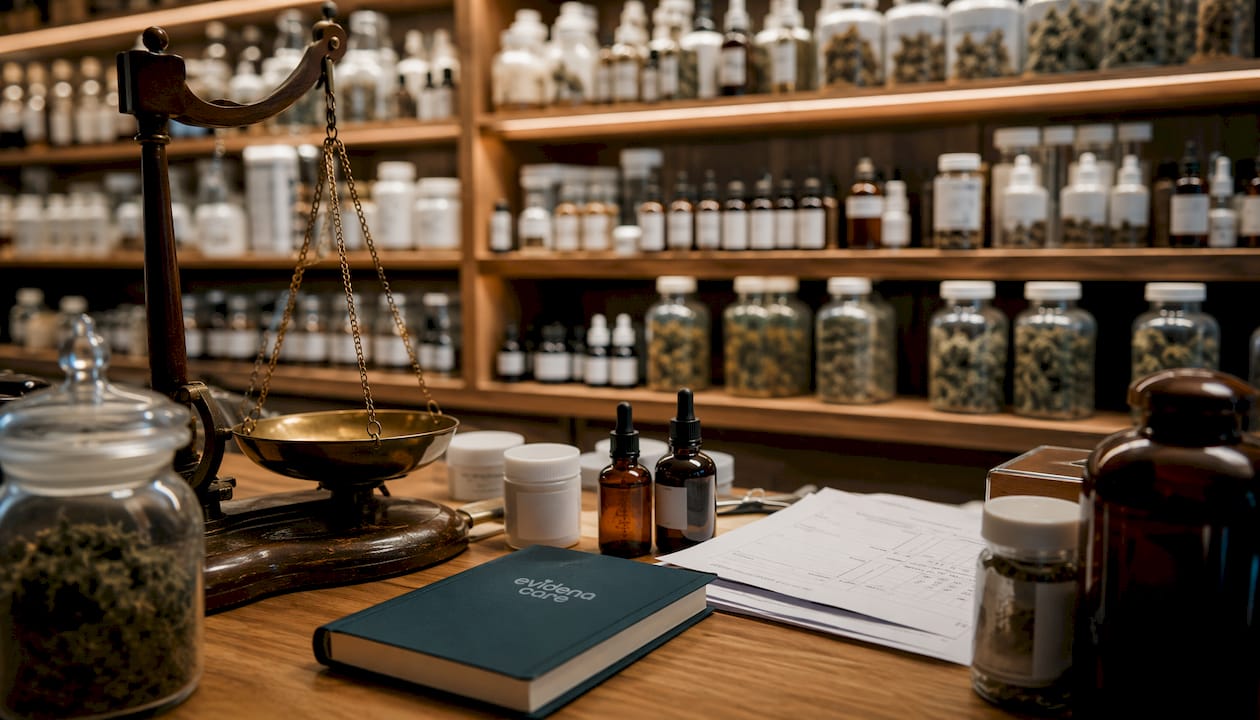 Regale mit medizinischen Cannabispräparaten in der Apotheke