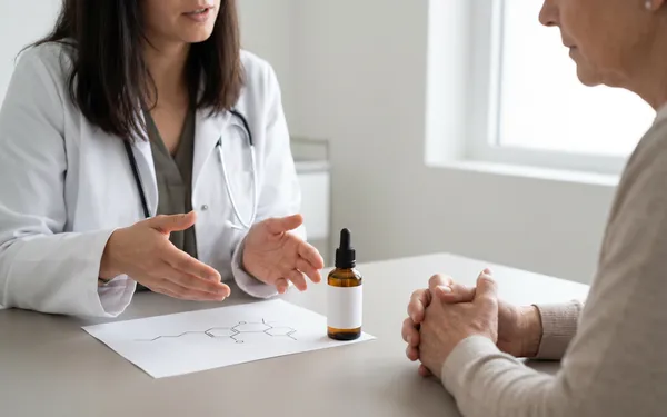 Ärztin in einer Schweizer Praxis erklärt einer Patientin die Wirkungsweise von CBD-Öl ohne berauschenden Effekt, mit Fläschchen und neutraler Beschriftung auf dem Tisch