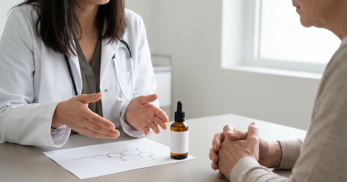 Ärztin in einer Schweizer Praxis erklärt einer Patientin die Wirkungsweise von CBD-Öl ohne berauschenden Effekt, mit Fläschchen und neutraler Beschriftung auf dem Tisch
