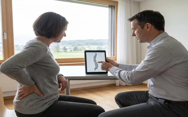 Ärztin in der Schweiz bespricht mit Patient die mögliche Anwendung von medizinischem Cannabis bei chronischen Rückenschmerzen in einer modernen, digitalen Versorgungsumgebung.