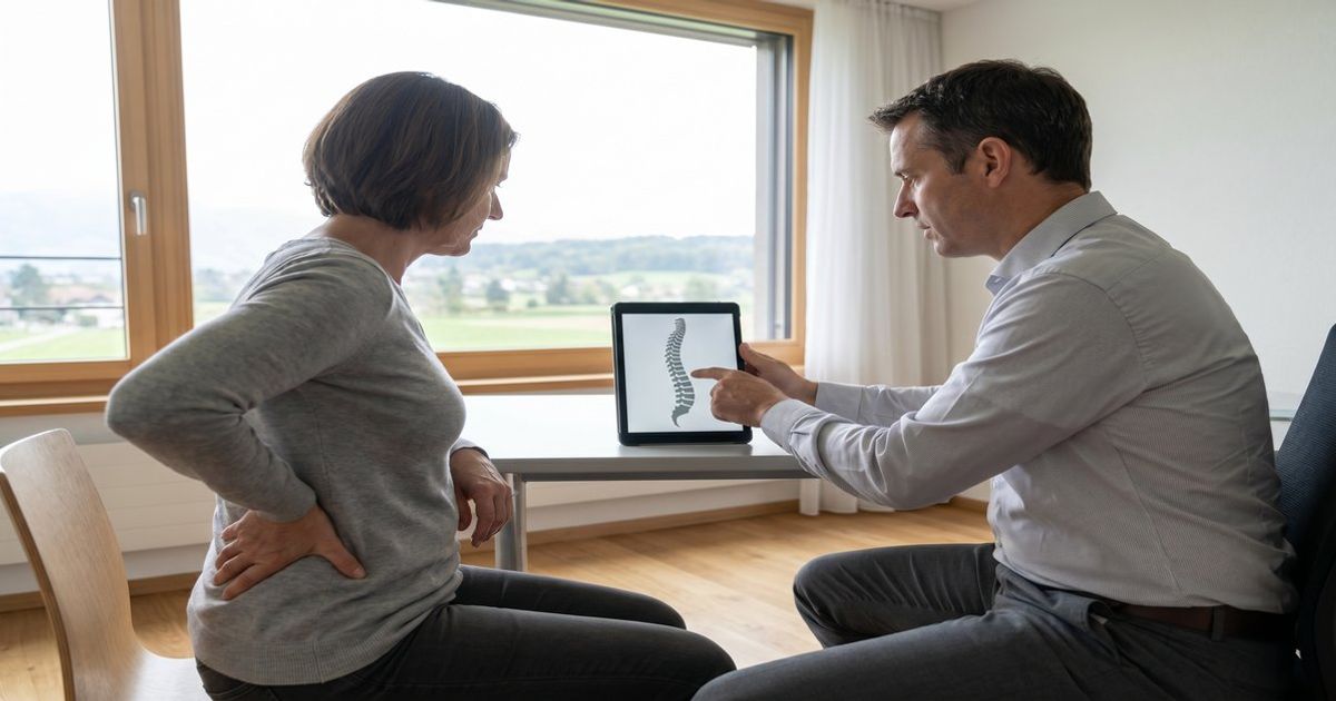 Ärztin in der Schweiz bespricht mit Patient die mögliche Anwendung von medizinischem Cannabis bei chronischen Rückenschmerzen in einer modernen, digitalen Versorgungsumgebung.