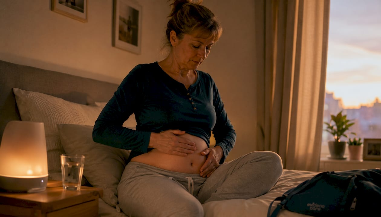 Eine Person massiert sich sanft den Bauch, während sie entspannt auf dem Sofa liegt.