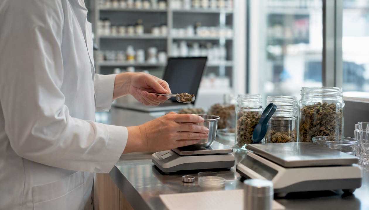 Eine Apothekerin stellt in der Offizin ein Medikament mit Cannabis her.