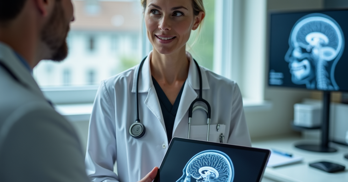 Ärztin in Schweizer Praxis erläutert einem Patienten seriös die Wirkung von medizinischem Cannabis auf Gehirn und kognitive Funktionen