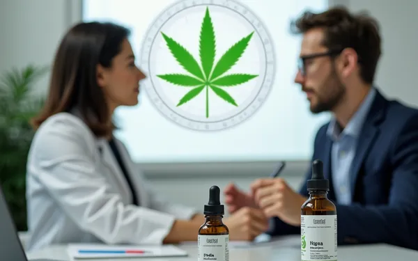 Ärztin in der Schweiz erklärt einem Patienten medizinische Cannabistherapie und zeigt auf ein Diagramm zu Beta-Caryophyllen und CB2-Rezeptoren