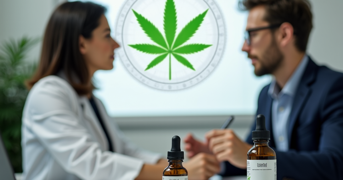 Ärztin in der Schweiz erklärt einem Patienten medizinische Cannabistherapie und zeigt auf ein Diagramm zu Beta-Caryophyllen und CB2-Rezeptoren